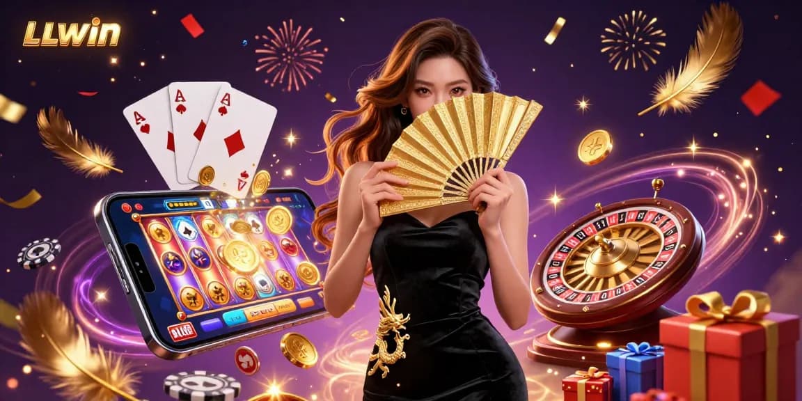 Experience LLWIN's vibrant gaming world with a dazzling 3D scene full of dynamic casino elements.