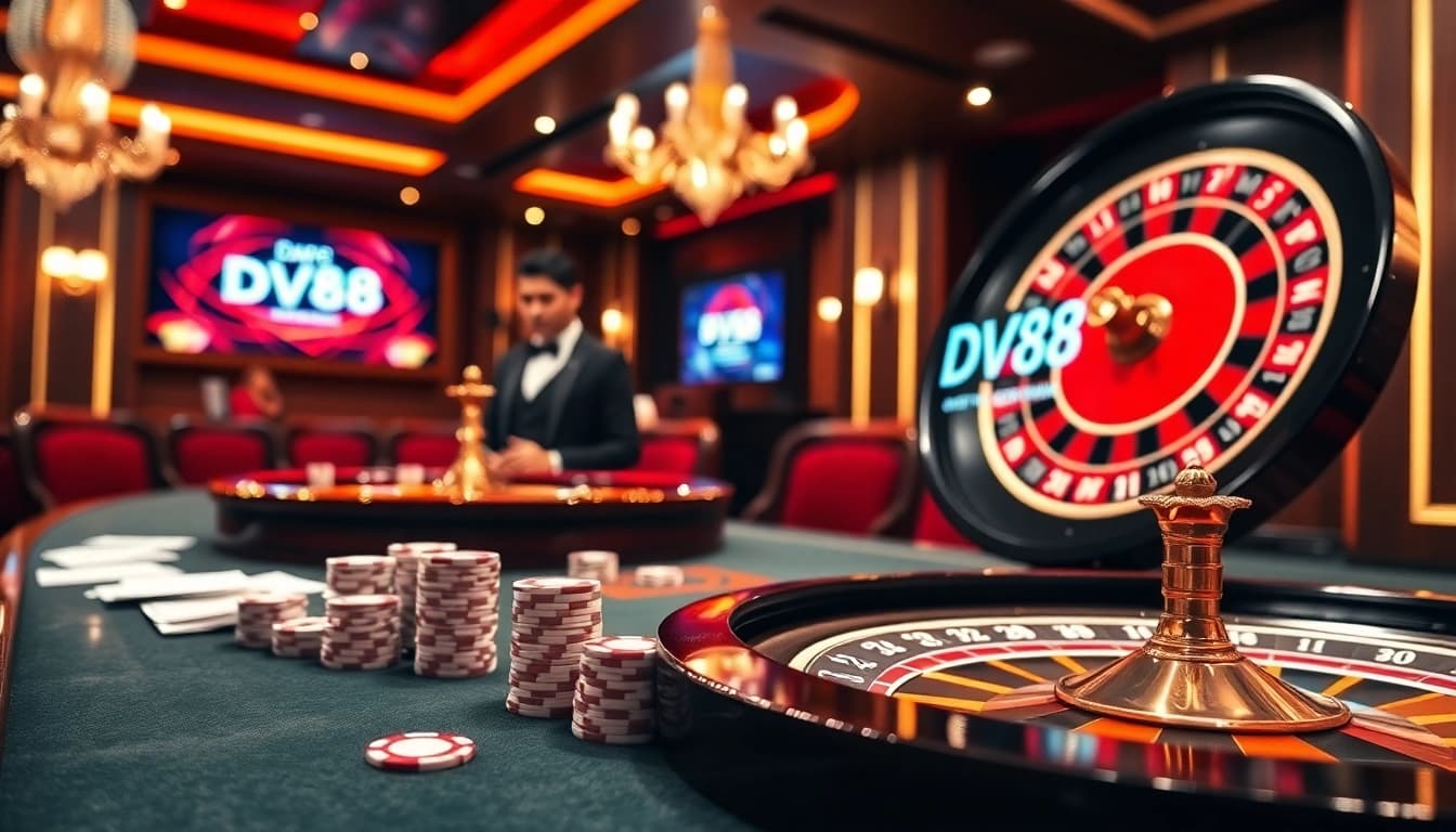 Experience the thrill of DV88 at a luxurious casino table with cards and chips.