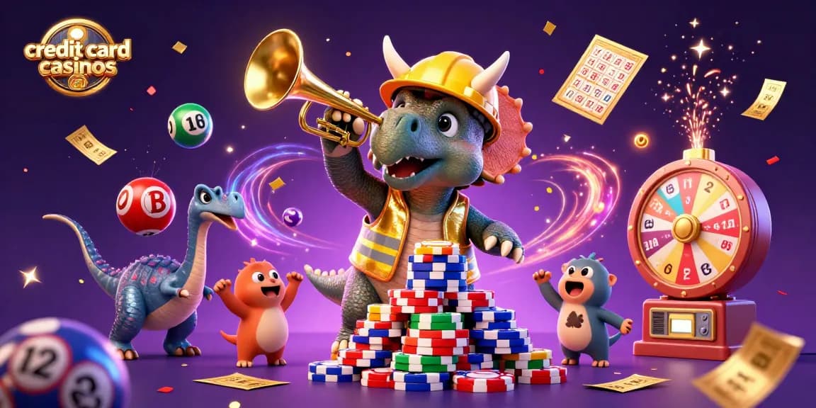 Engage in credit card casinos excitement with playful triceratops and celebration elements.