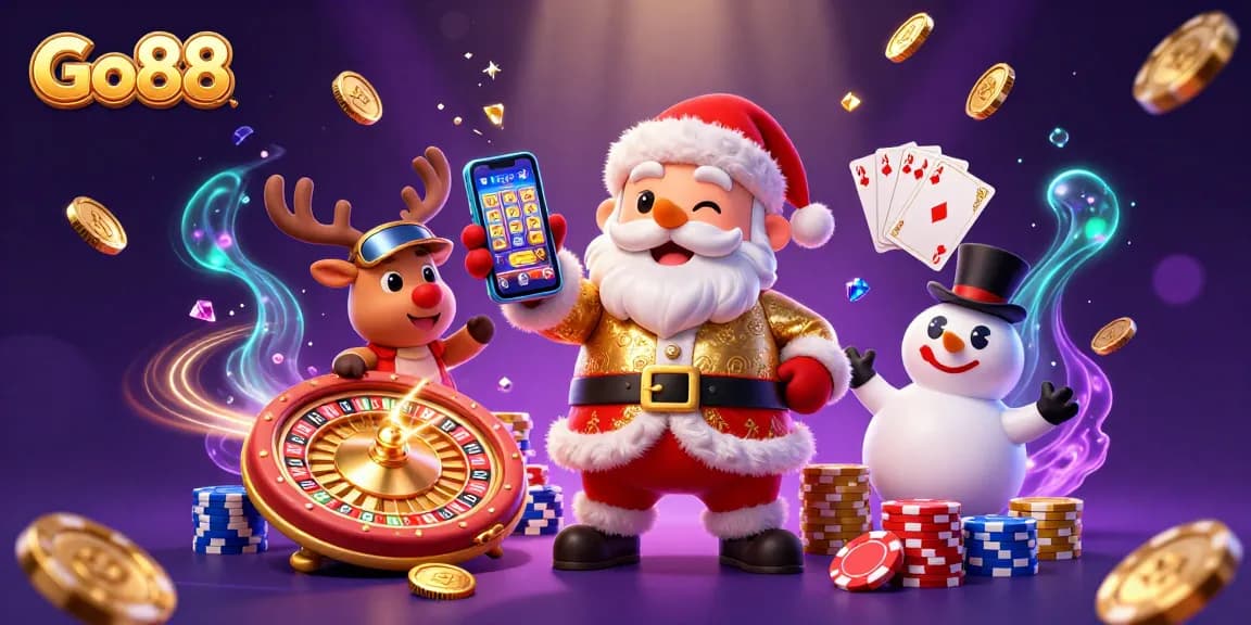 Experience the thrill of Go88 with Santa and friends in this vibrant casino illustration!