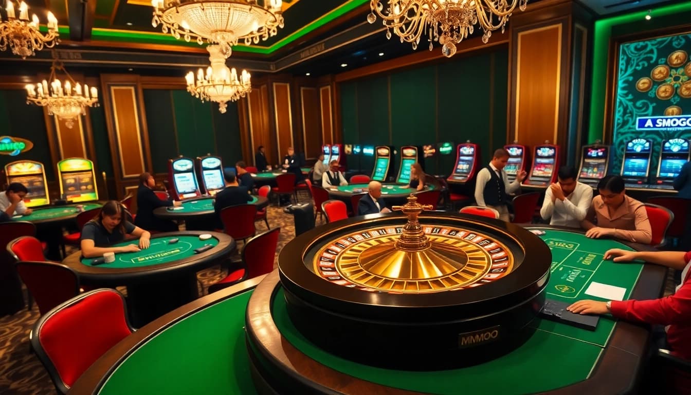 Experience high-stakes excitement at MMOO's casino tables featuring vibrant roulette and poker games.