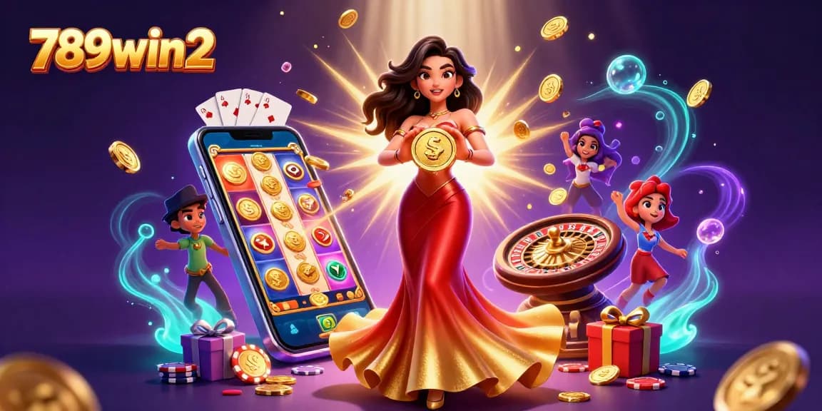 Win big with 789win2 as stunning Asian woman holds golden coin amidst dynamic slot games.