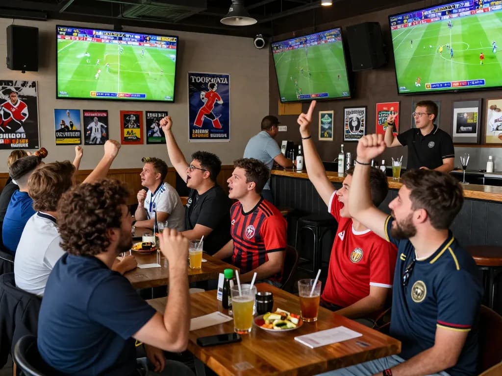 Kèo bóng đá viewers enjoying the match at a lively sports bar with vibrant atmosphere.