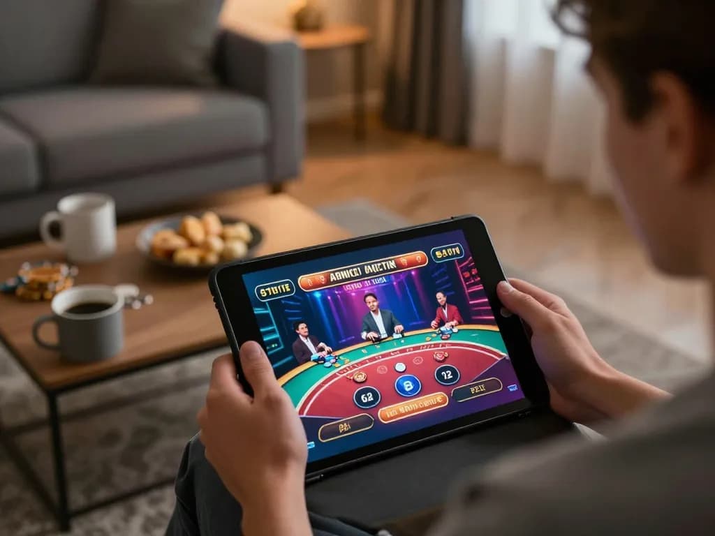 Playing games at KKBD Casino on a tablet in a cozy home setting, highlighting responsible gaming.