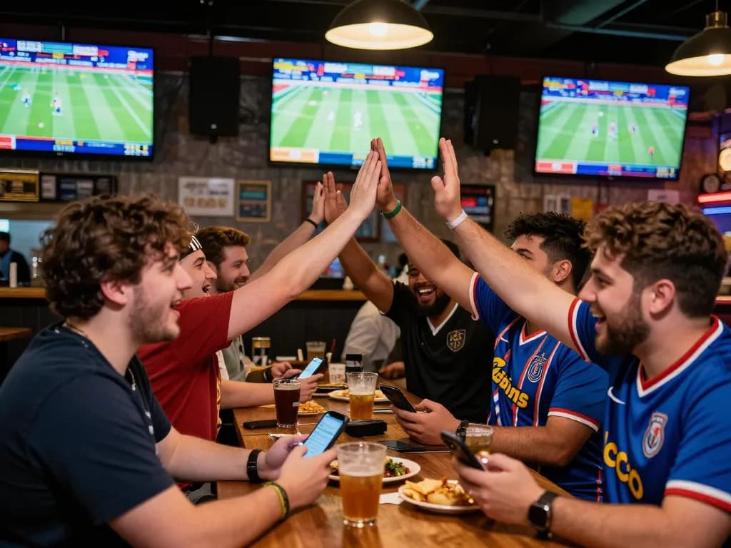 Betting excitement at https://uu88.blog/ with friends celebrating a sports win at the bar