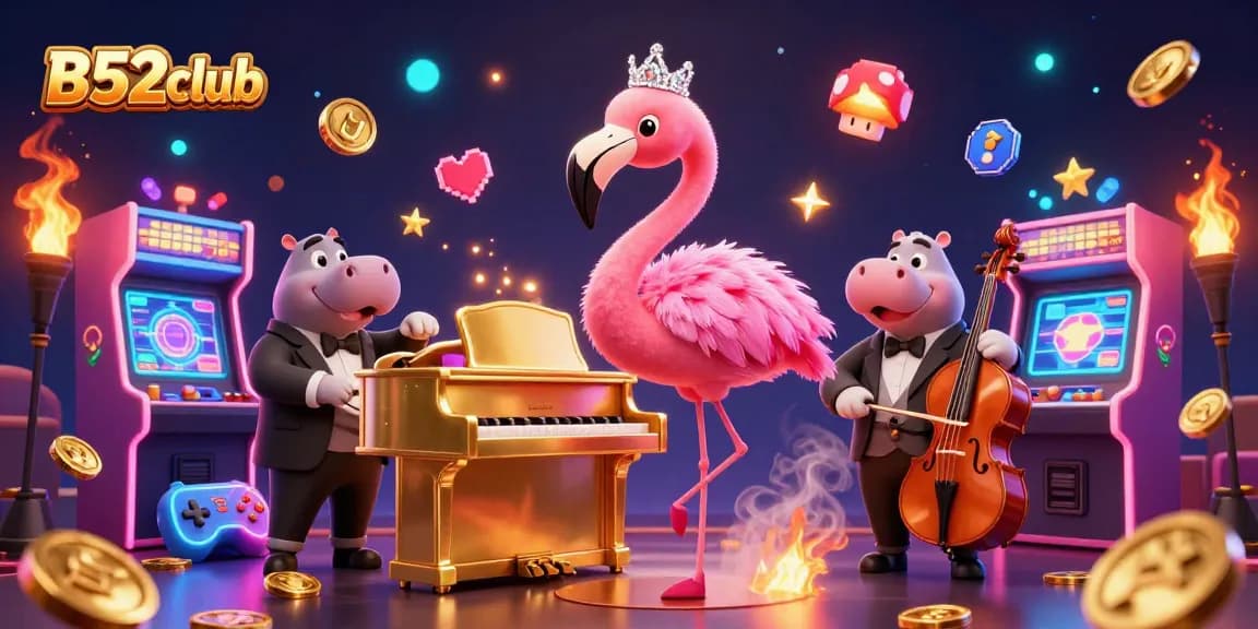 Win big at B52club: Vibrant casino scene with exciting cartoon characters and gaming elements.