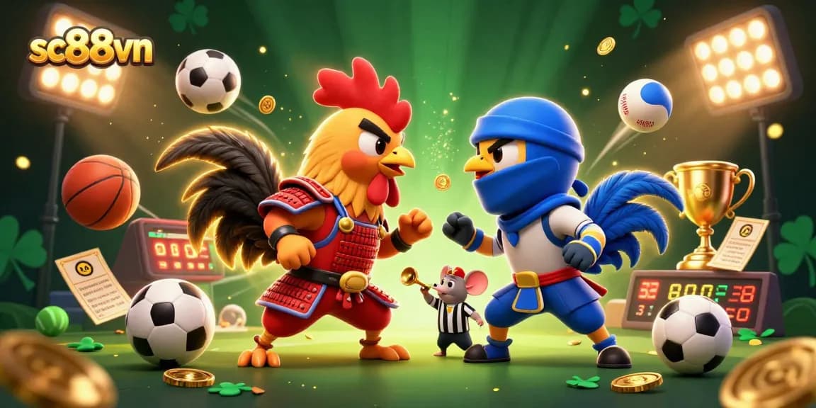 Engage in thrilling cockfighting action with sc88vn's dynamic illustration of battling roosters and vibrant gaming elements.
