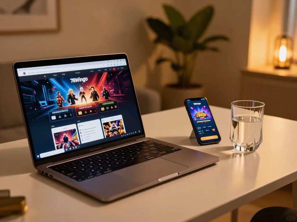 Engaging online gaming scene with 78wingo showing app interface on a laptop.