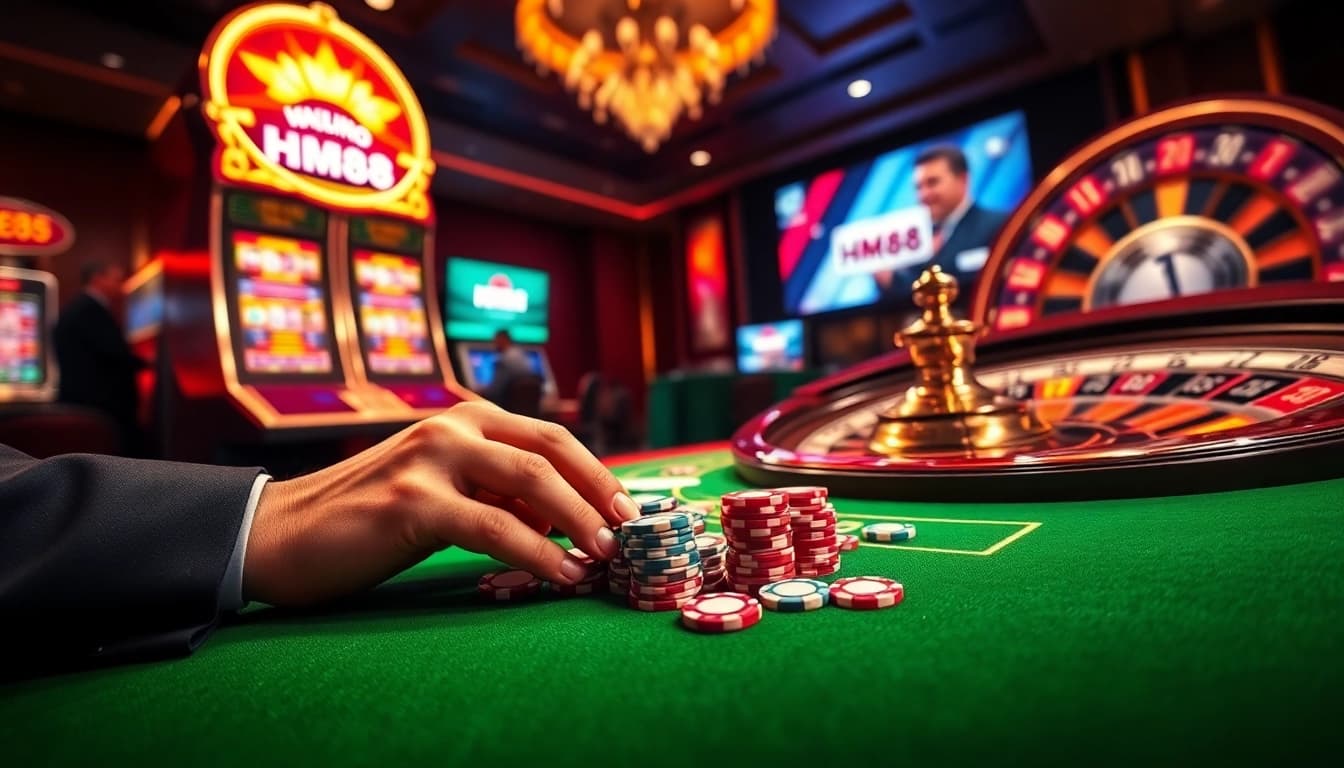 HM88 showcasing professional poker chip betting on a vibrant casino table with dynamic slot machines