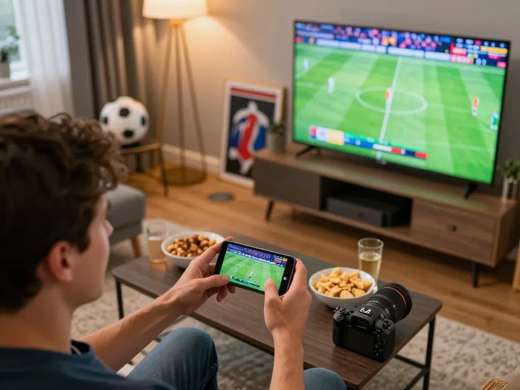 Engaging scene of live sports betting at home using keonhacaii88 on smartphone while watching an exciting match