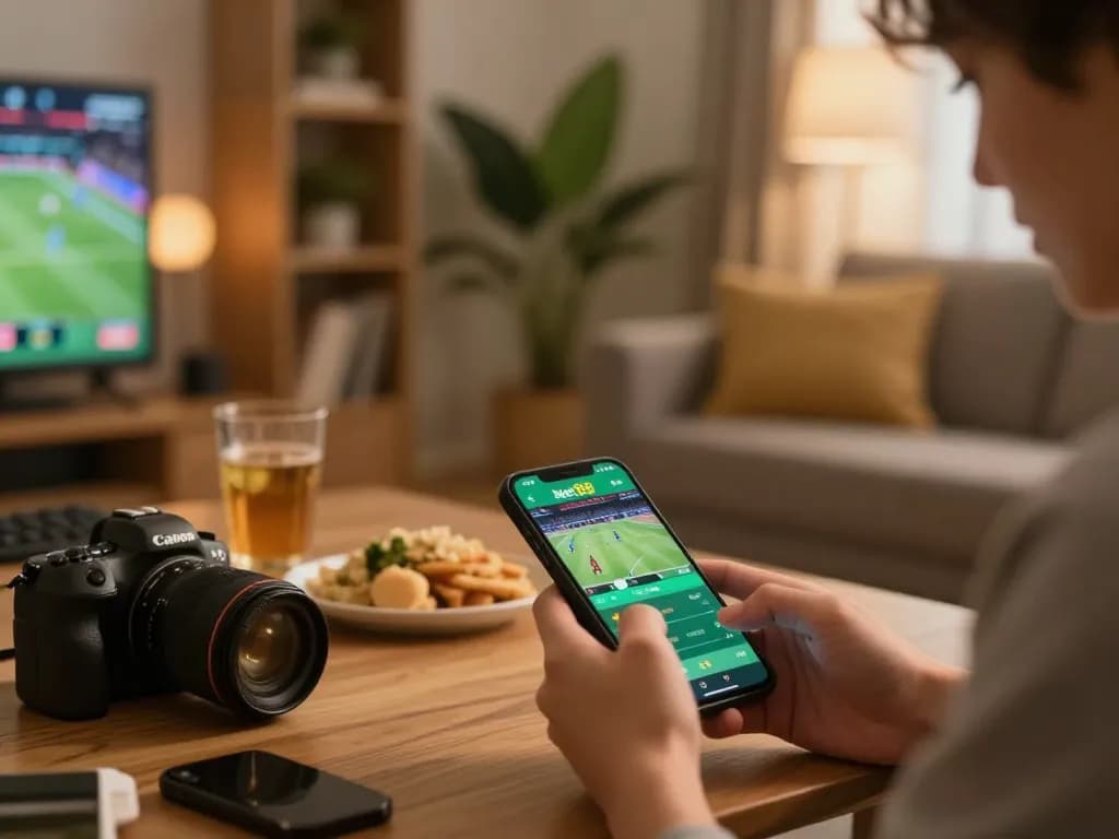 Engaging in mobile sports betting with the Net88 app in a cozy living room setting.