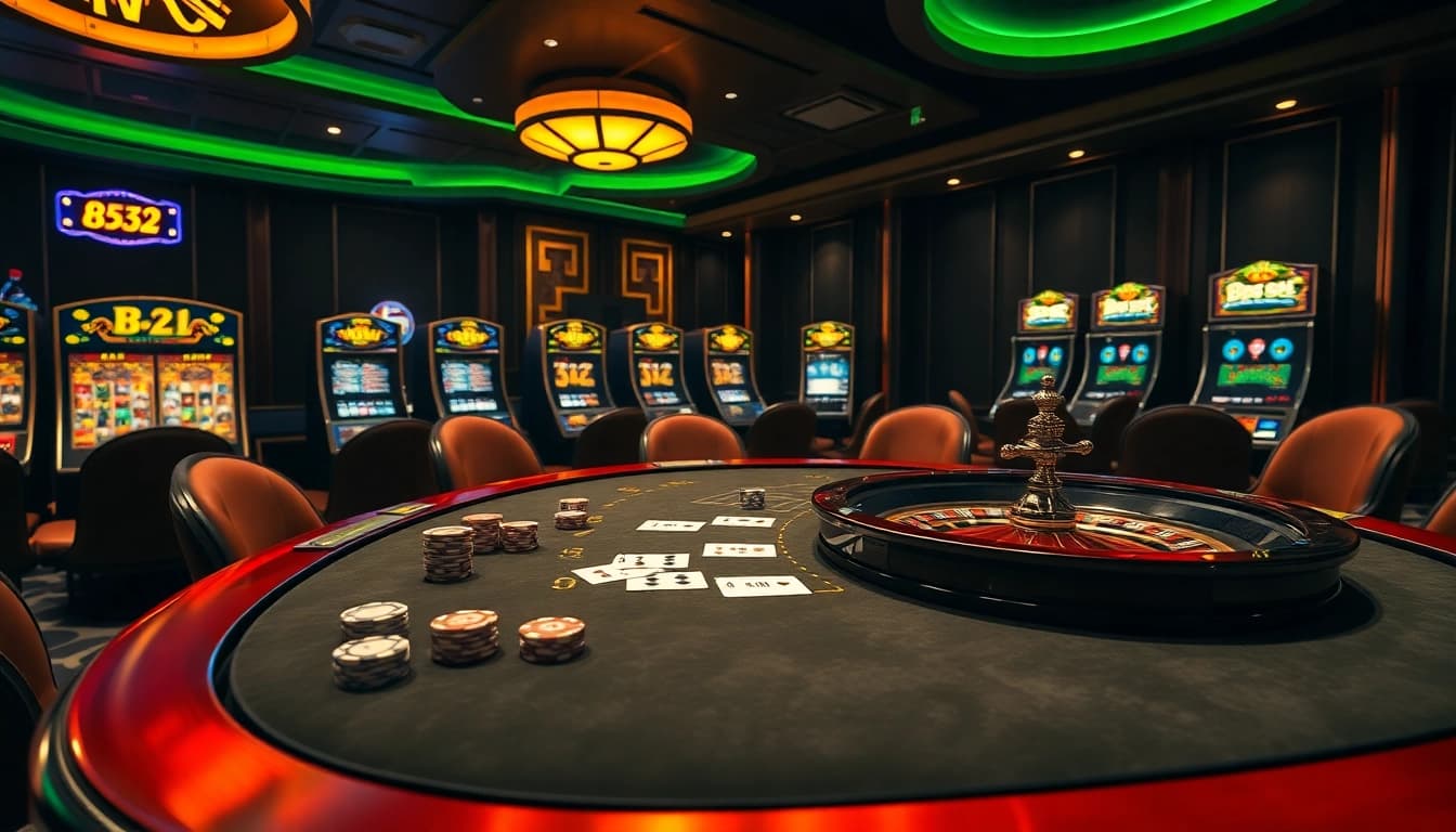 Experience the B52 gambling action at a luxurious casino table filled with vibrant chips and cards.