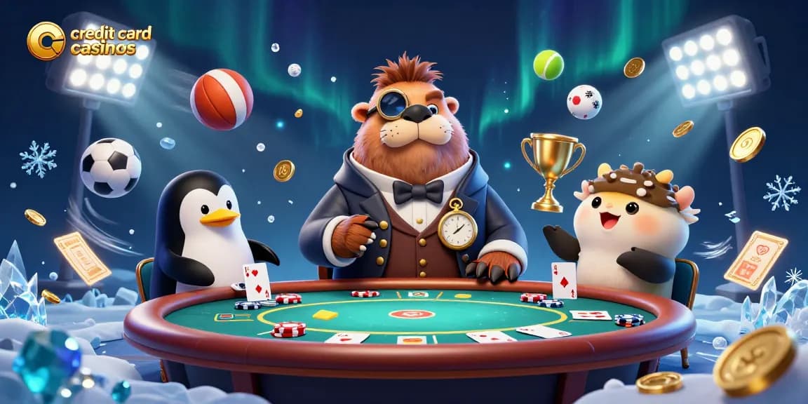 Enter the world of credit card casinos with a dynamic scene of a jolly walrus, dealer penguin, and bluffing pufferfish at an underwater poker table.