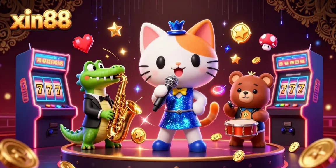 Join the fun at xin88 with lively characters playing casino games, including music and gaming thrills.