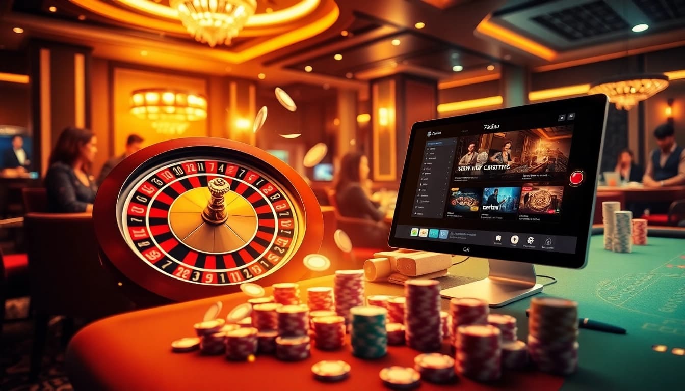 Players enjoying exciting games at 789club casino, showcasing poker chips and a roulette wheel.