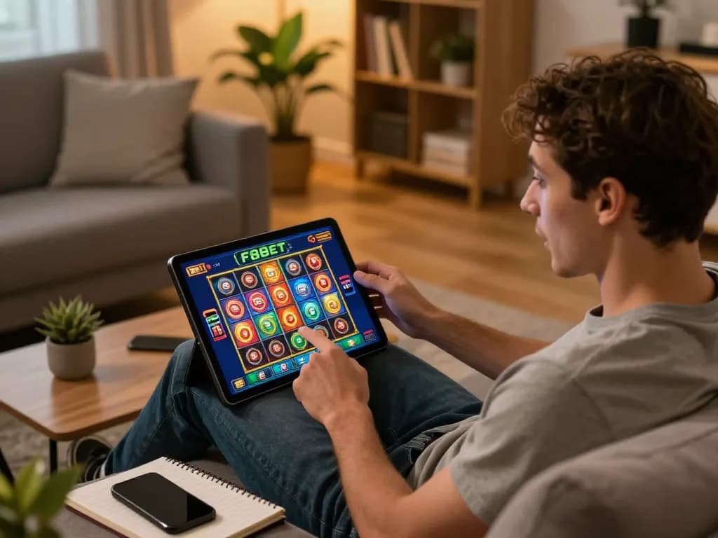 Player enjoying F8BET slots on a tablet in a cozy home setting, engaging with gaming activities.