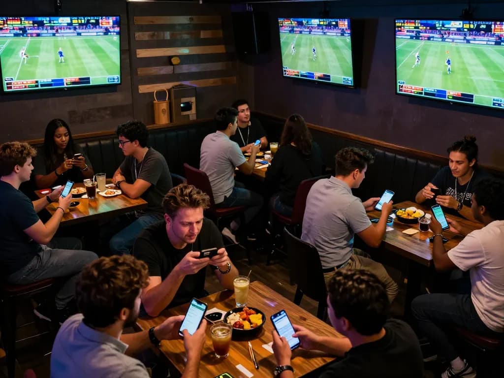 Engaged sports bettors using the Bsport app in a vibrant sports bar atmosphere.