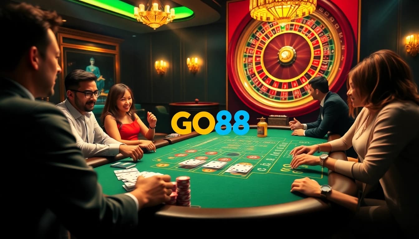 Exciting gaming scene at Nhà Cái GO88 with poker chips and roulette wheel, highlighting premium gambling experience.