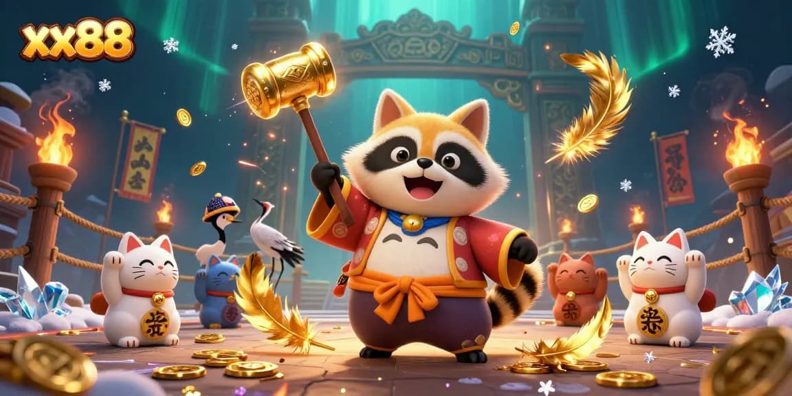 Experience thrilling wins with xx88 featuring a cheerful tanuki and lucky symbols in an exciting casino scene.