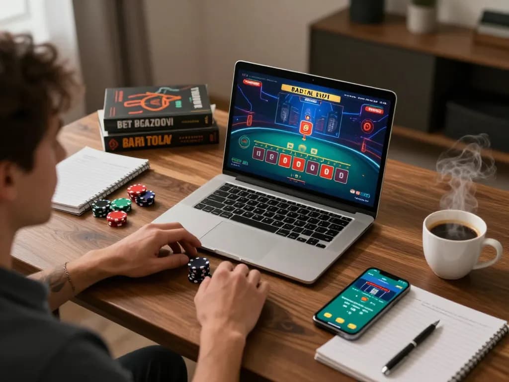 Baccarat gameplay on laptop at home, alc88 highlighted for strategic online betting.