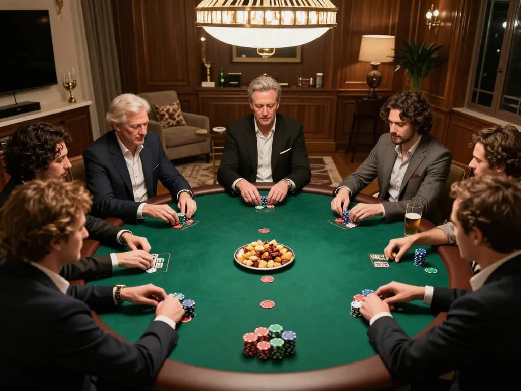VIPWIN players enjoy an intense poker night, showcasing strategy and camaraderie around a green felt table.