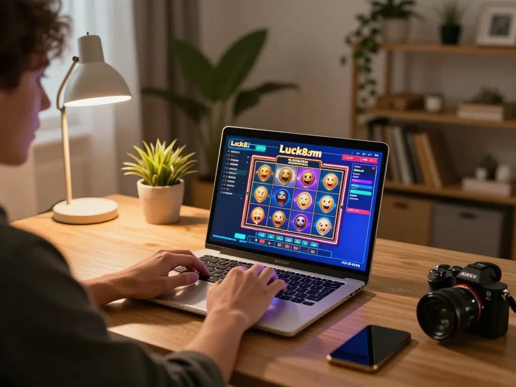 Player engaging with Luck8com online casino gaming on laptop in cozy home office