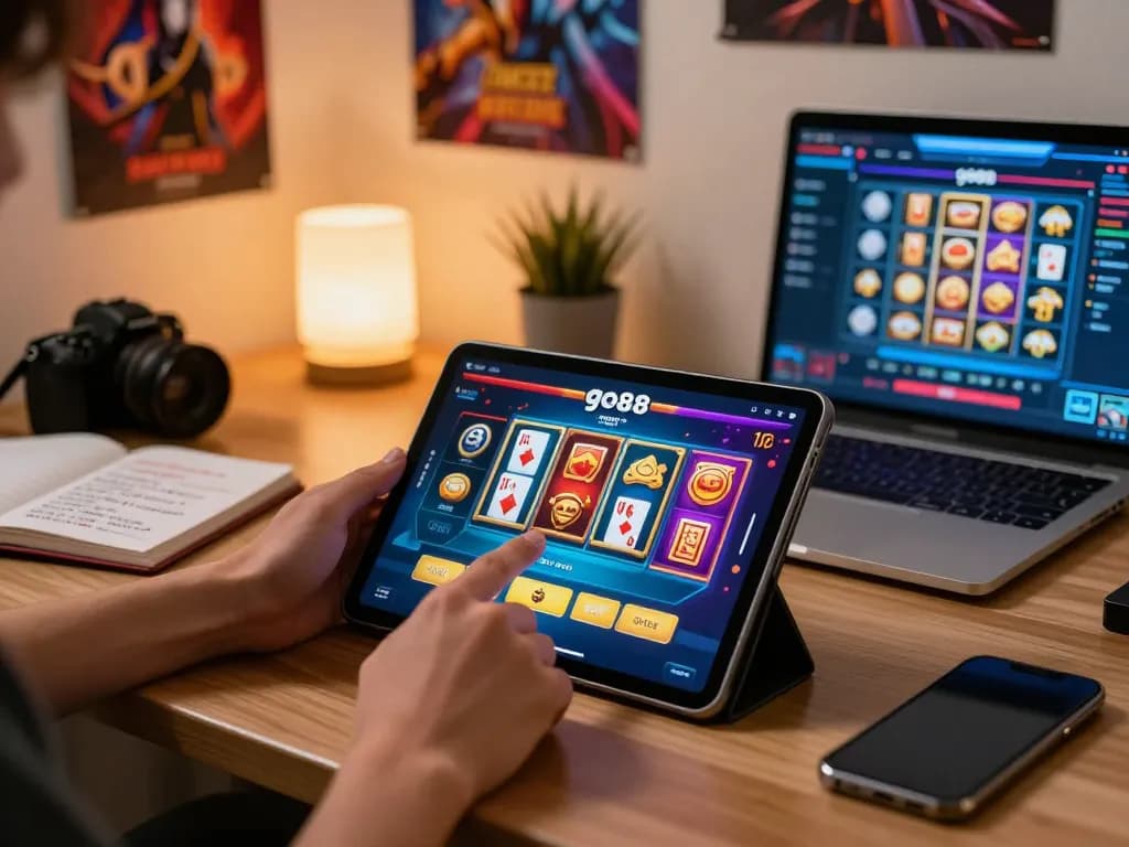 Engaging player explores game go88 on tablet, vibrant graphics and strategic focus in modern home gaming setup.