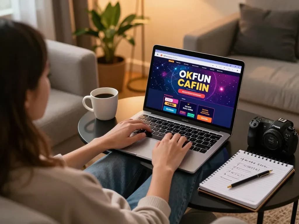 Engaging with OKFUN online casino on a laptop during a cozy home gaming session.