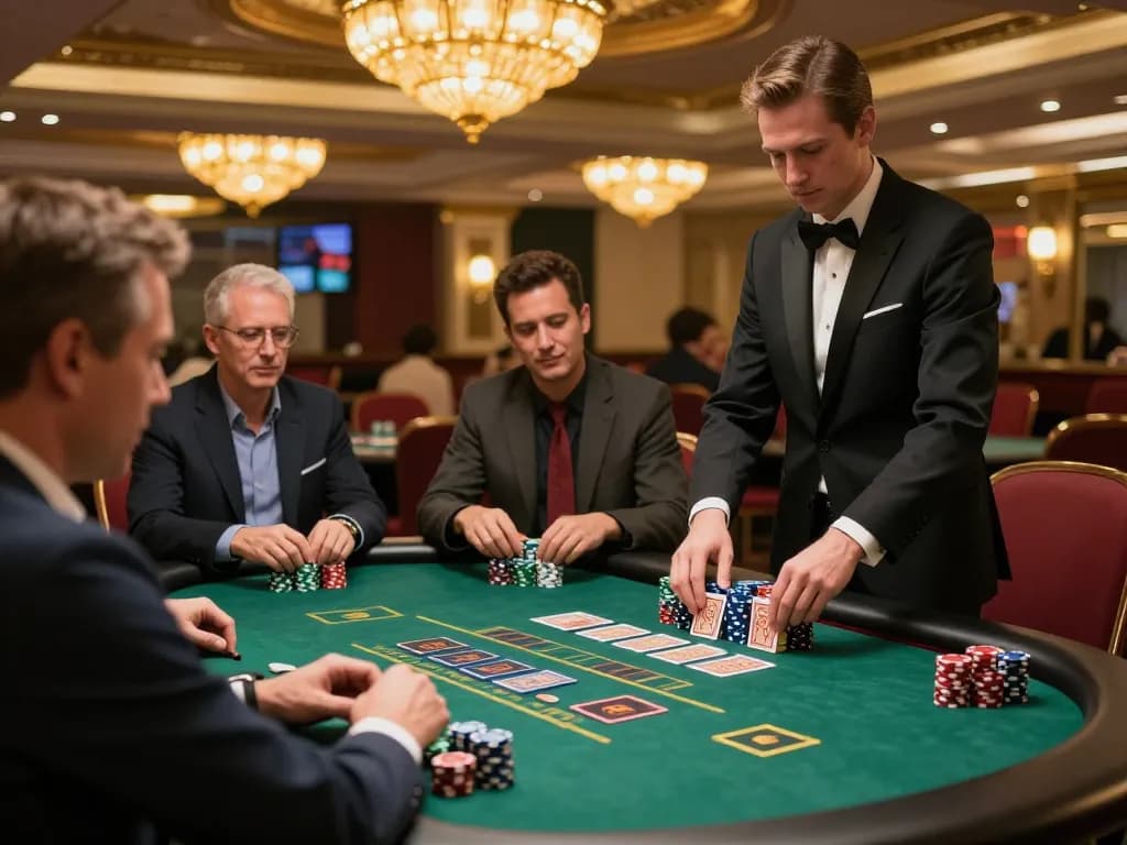 Players enjoy strategic gameplay at blackjack table in upscale casino, showcasing Go 88 betting excitement.