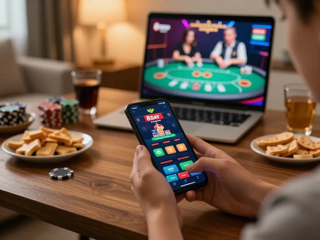 Experience gaming excitement with the 8day casino app on a smartphone amidst a cozy home setting.