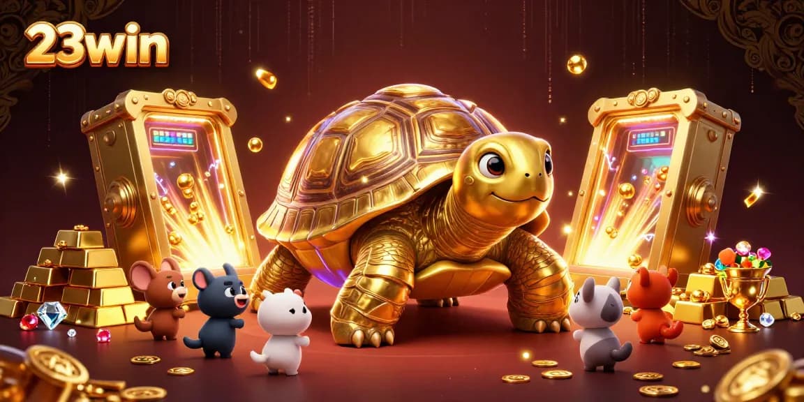 Experience the thrill of winning at 23win with animated characters playing in a vibrant golden casino scene.