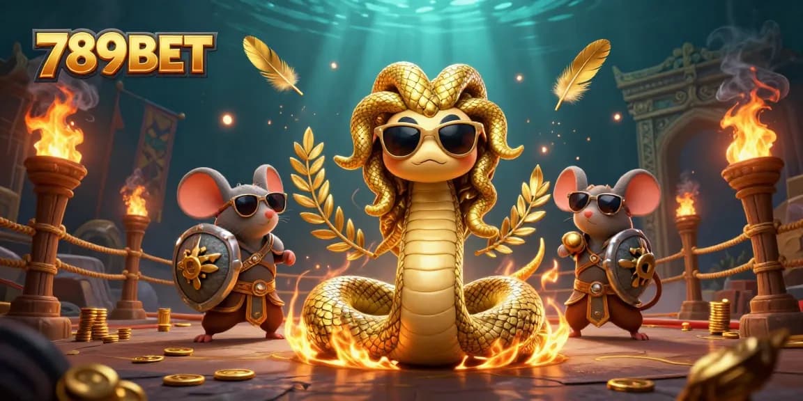 Engaging scene showcasing 789BET with Medusa, a warrior mouse, and a gambling arena full of vibrant symbols.