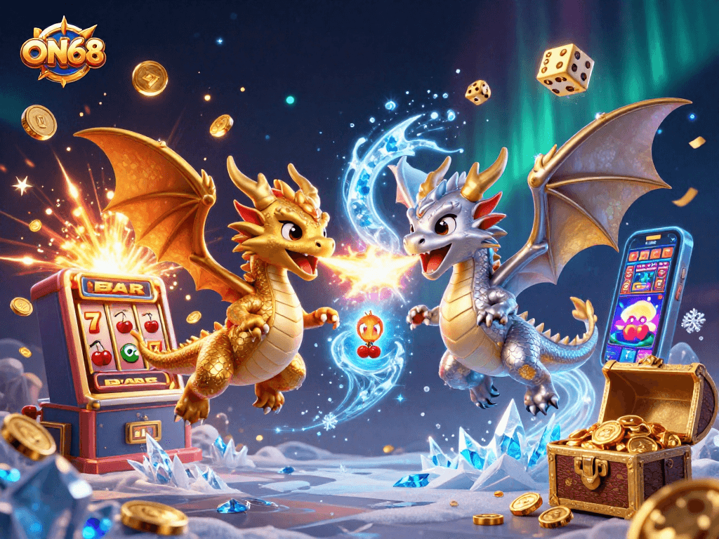 Experience ON68's thrilling gaming with dynamic 3D dragons and casino symbols in action.