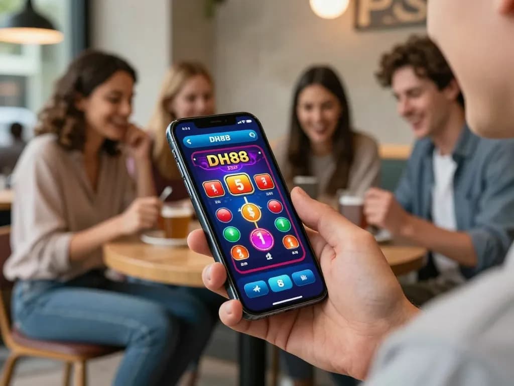 Using the DH88 app to place bets in a trendy café setting, showcasing mobile gambling excitement.