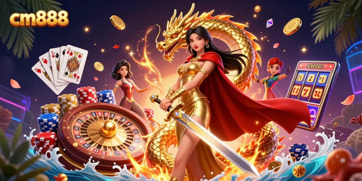 Experience thrills with cm888 at a vibrant casino scene showcasing a warrior queen and gold coins cascading.