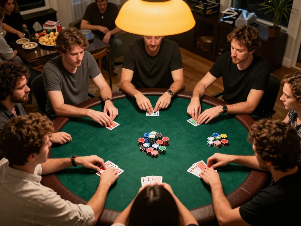 Players enjoying a MAX88 poker night analyzing hands and betting strategies around a green felt table.