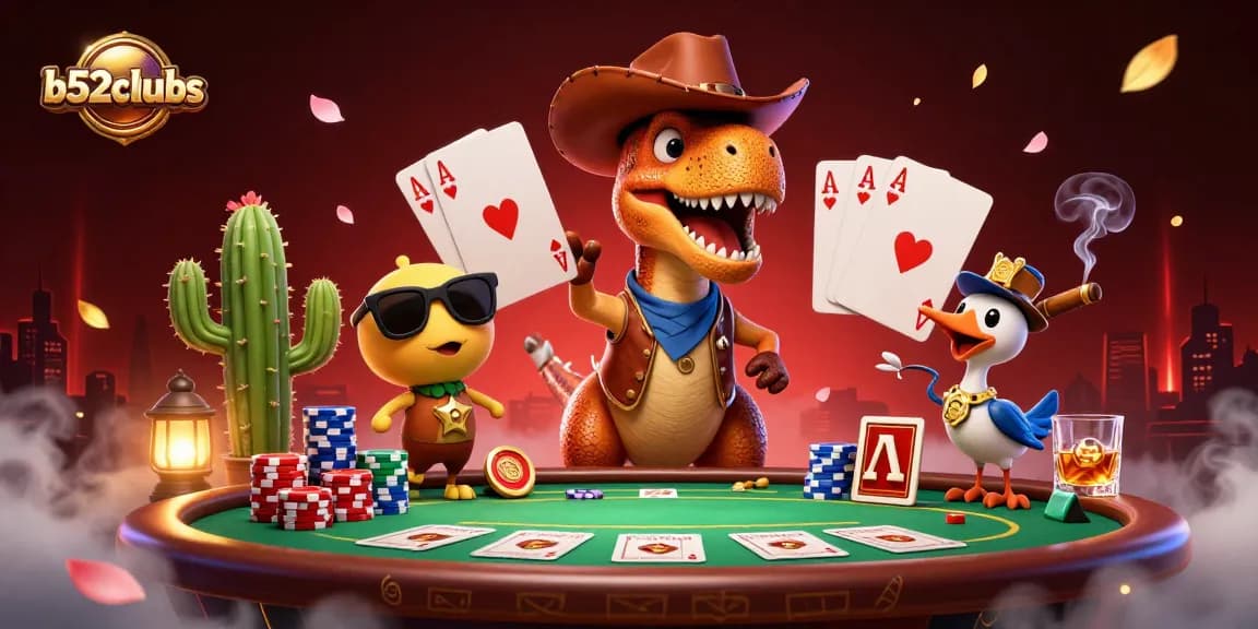 Engage with b52clubss at a lively casino scene featuring T-Rex and poker table.