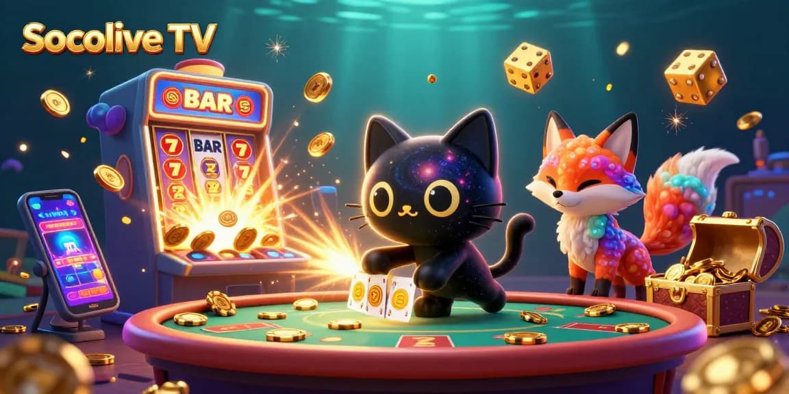 Socolive TV showcases a cosmic casino scene where a black hole cat pulls in chips and cards amidst a jackpot explosion.