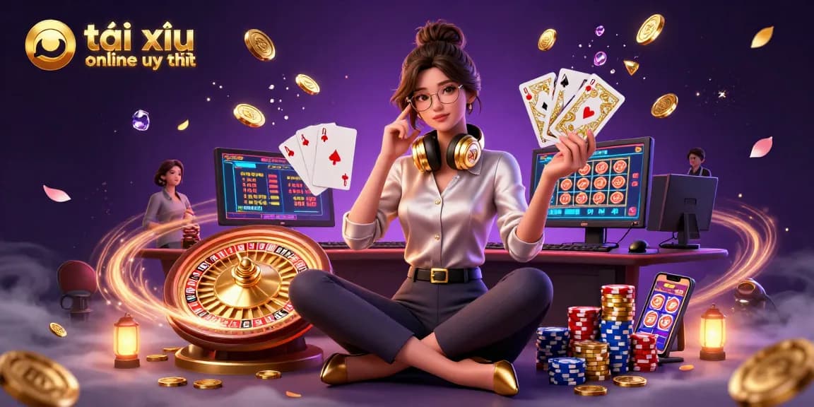 Engage with the app tài xỉu online uy tín in a vibrant casino scene featuring a professional Asian woman gaming.