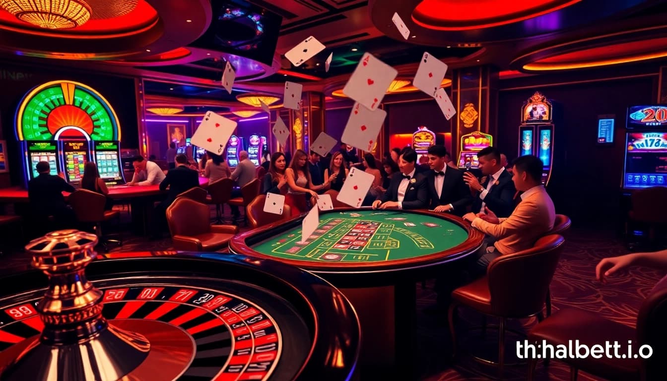 A thrilling casino experience at https://thabett.io/ with vibrant slot machines and excited players winning at the roulette wheel.