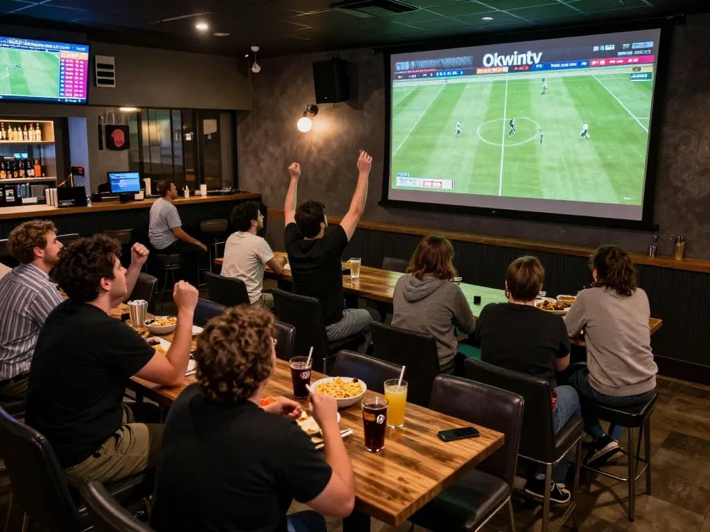 Fans enjoying live football on Okwintv in a vibrant sports bar, celebrating the game.