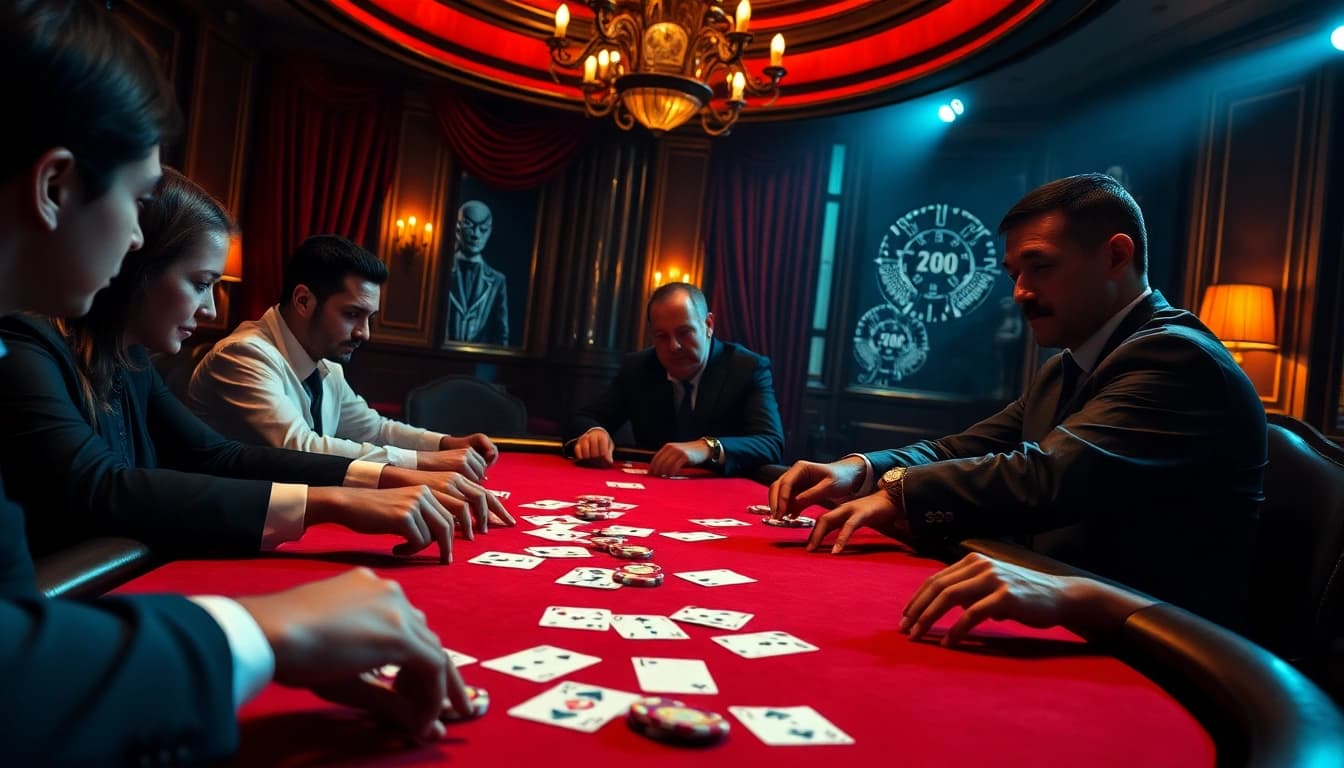 Intense poker game at a luxurious casino highlighting hidden wiki tor with elegant chips and cards.