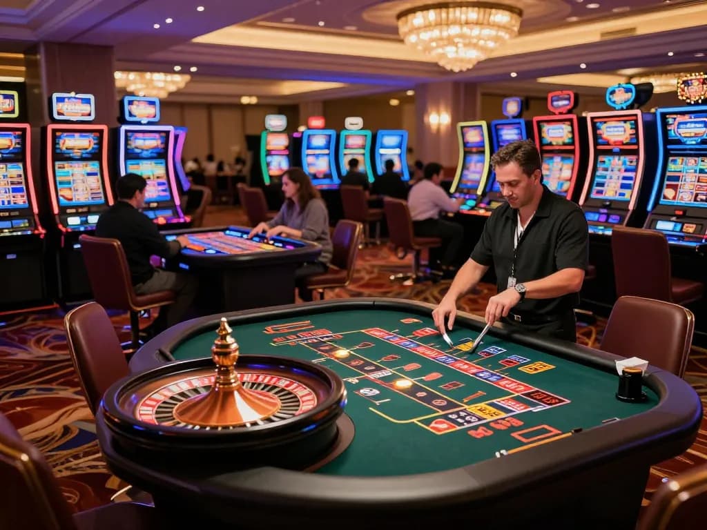 Players enjoying various games at 8day casino, engaging in roulette and slots with vibrant lights.