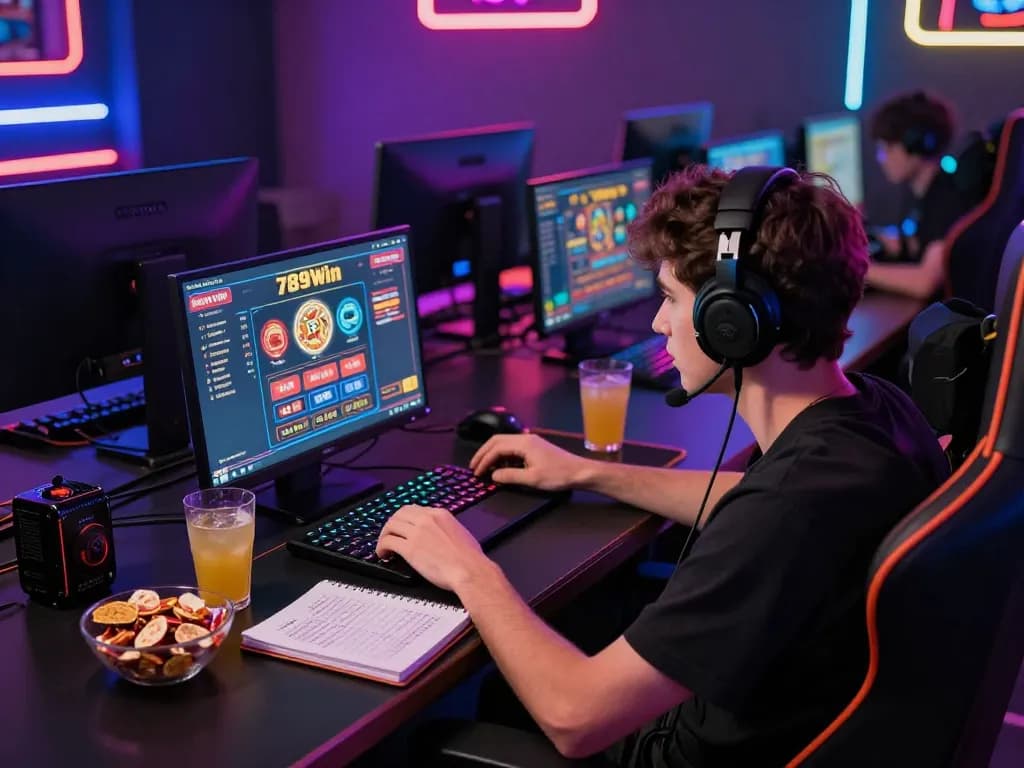 Player engaging with 789Win online casino game at a well-designed home gaming setup