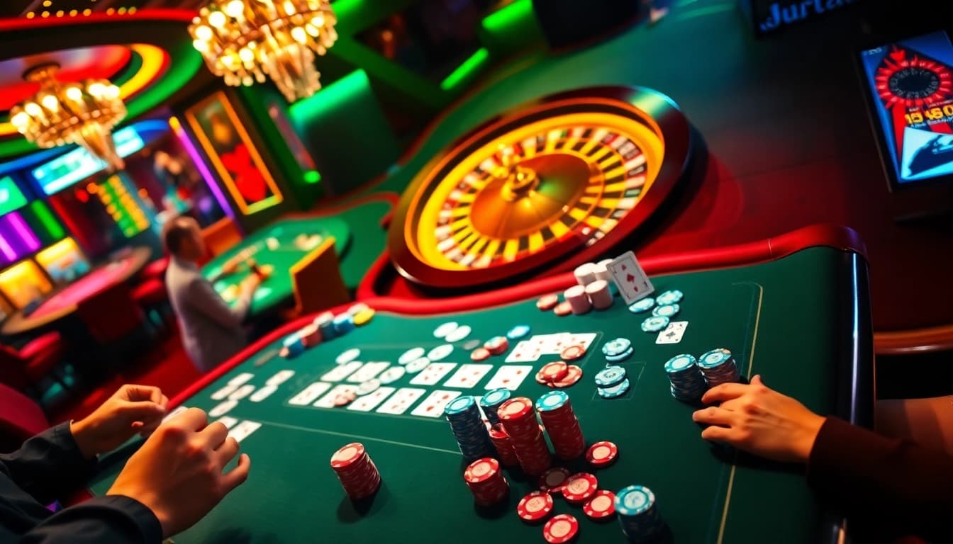 A thrilling gaming scene at Nhà cái 9BET with vibrant poker chips, cards, and a roulette wheel.