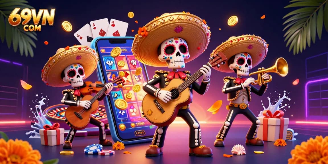 Winning big at 69VN COM while enjoying a vibrant Day of the Dead mariachi celebration.