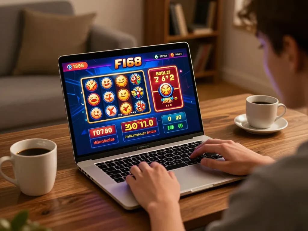 F168 user playing casino games on laptop, showcasing vibrant app interface in cozy home setup.