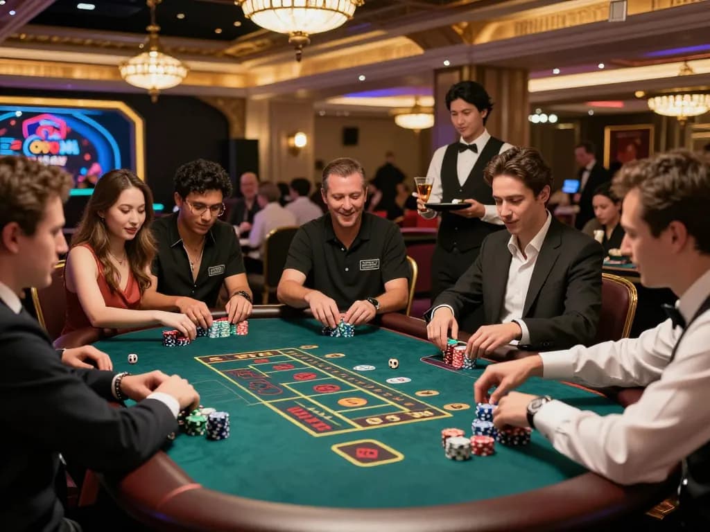 Tài xỉu online uy tín gaming table packed with enthusiastic players, vibrant casino lights illuminating a thrilling atmosphere