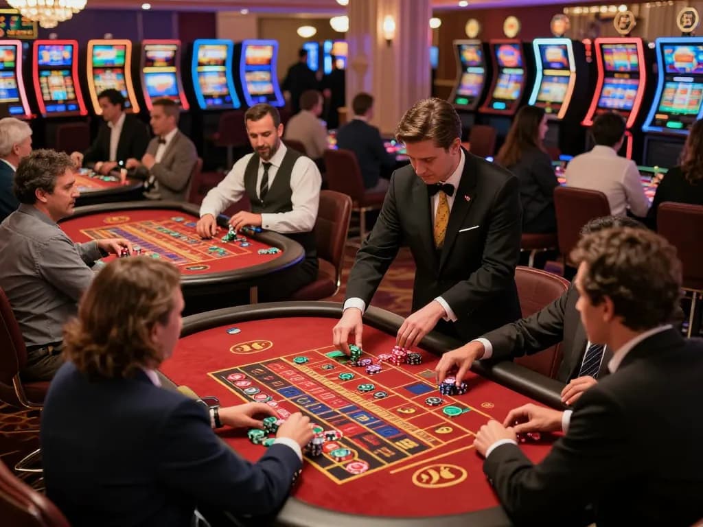 Roulette excitement at a casino floor with players placing bets and engaging in VB88 gaming strategies.