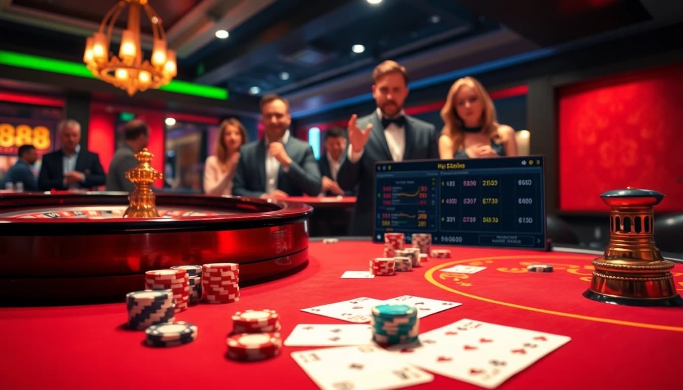 Excited players enjoy betting at a luxurious casino table, highlighting 888b's engaging gambling experience.